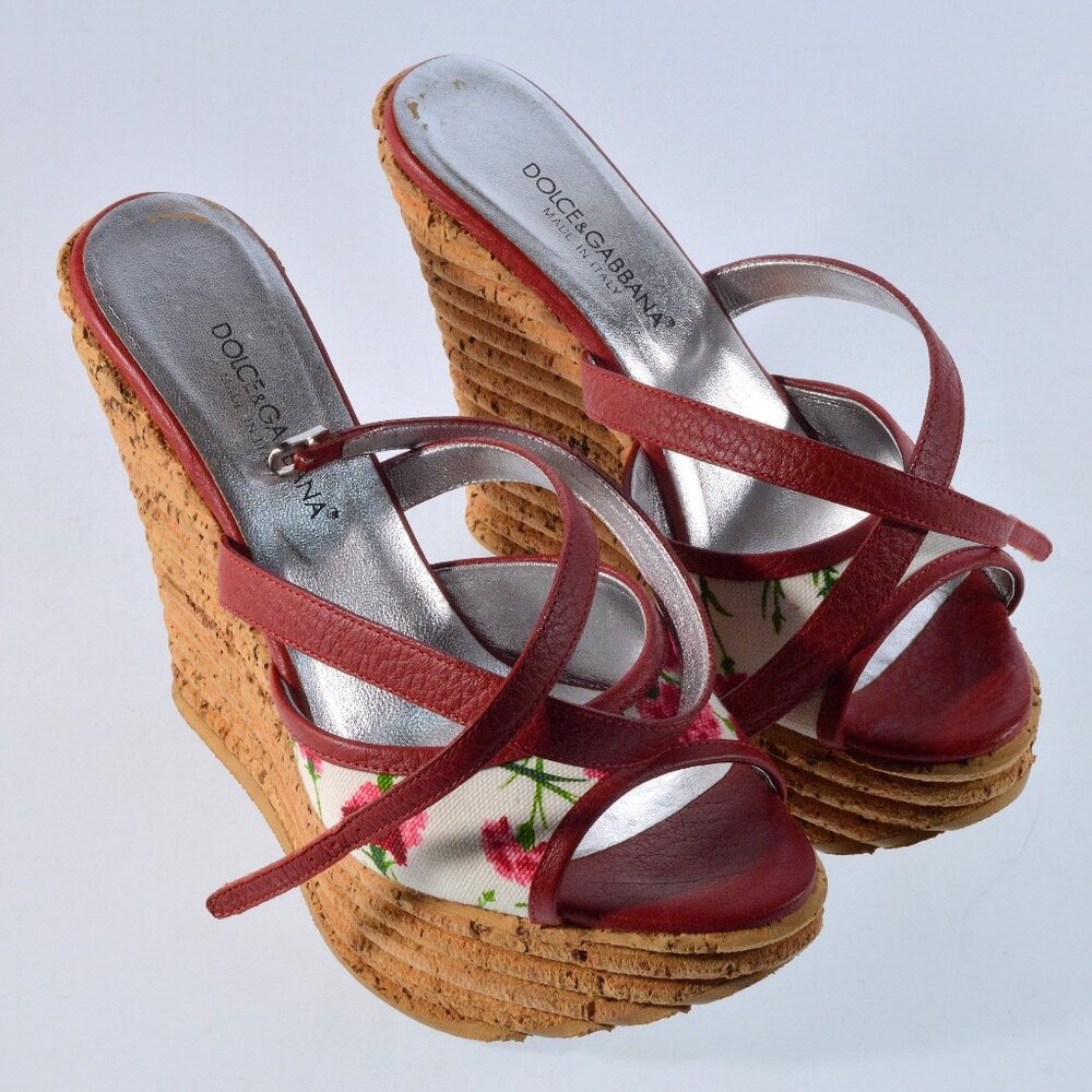 Dolce & Gabbana Real Cork Leather Platform Wedge Sandals in Box Size 37